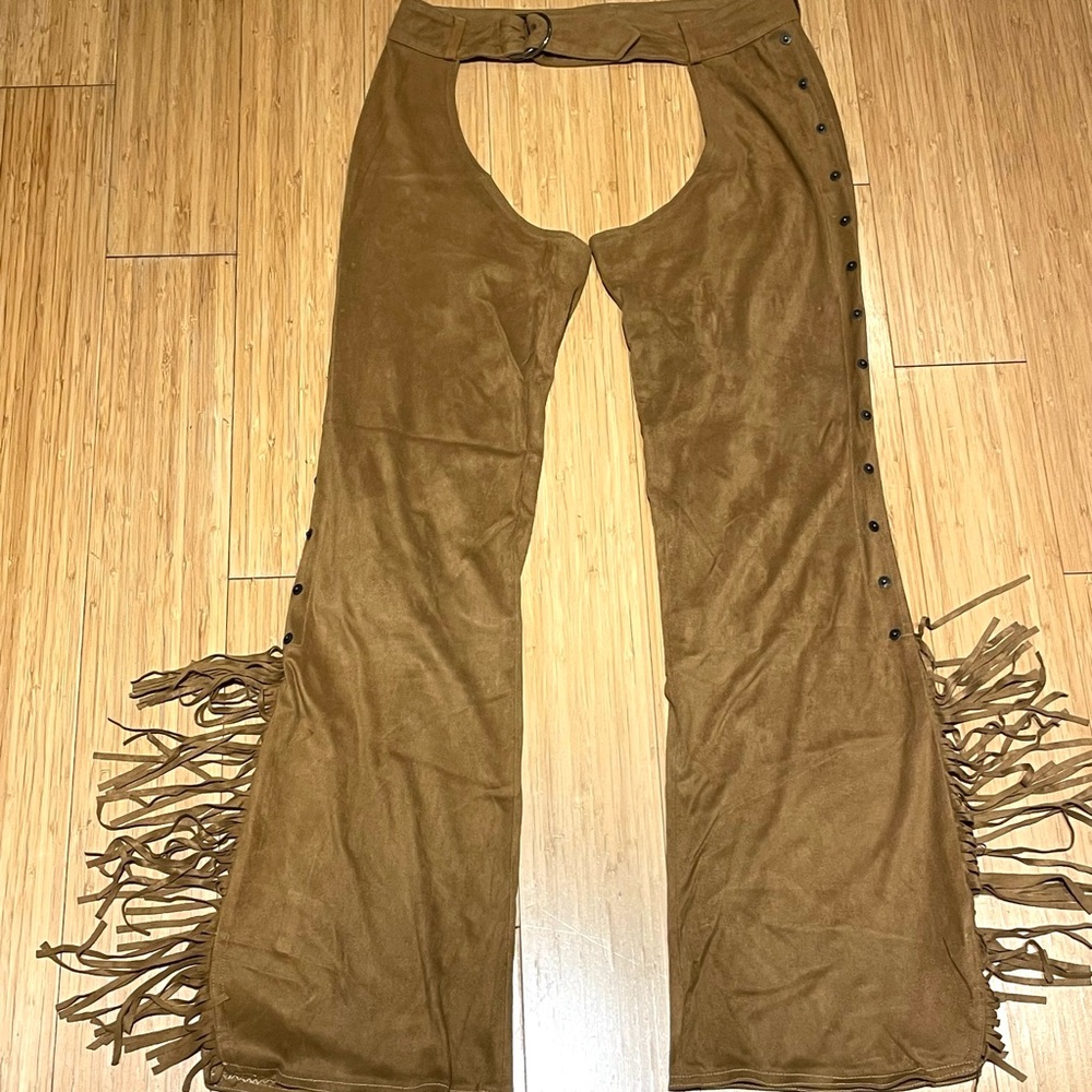 Rare 2000s Plein Sud Jeans brand Fringe Suede-like Tan Chaps